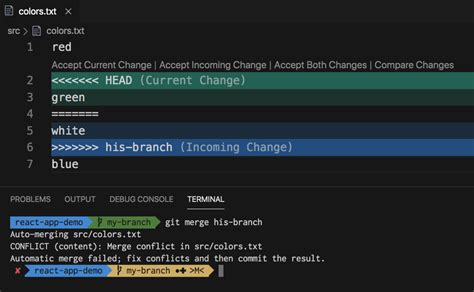 fix conflicts and then commit the result.|merge conflict marker encountered.